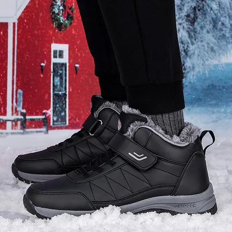 Winter Outdoor Snow Boots For Men Women Waterproof Faux Leather High Top Hiking Boots Fur Lined Warm Non-slip Shoes With Velcro