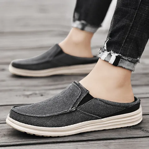 Men Casual Canvas Loafers Mules Breathable Slip On Half Slippers Lightweight EVA Sole Outdoor Indoor Leisure Shoes For Men