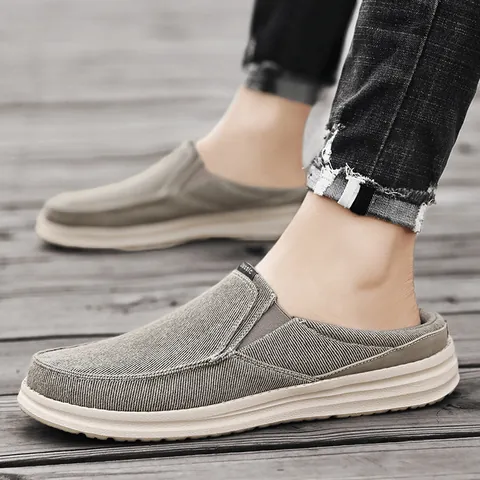 Men Casual Canvas Loafers Mules Breathable Slip On Half Slippers Lightweight EVA Sole Outdoor Indoor Leisure Shoes For Men