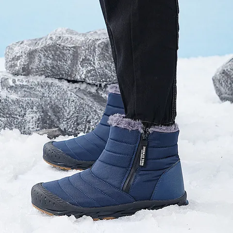 Unisex Winter Snow Boots Warm Artificial Plush Lined Water Repellent Quilted Ankle Boots With Side Zipper Non-Slip Rubber Sole Outdoor Shoes