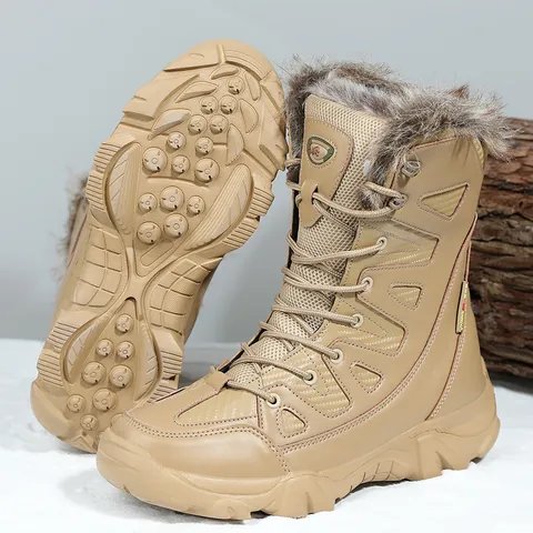 Men's Winter Snow Boots Fleece Lined High Top Warm Outdoor Tactical Combat Boots Non-Slip Rubber Sole Faux Fur Lining Martin Boots
