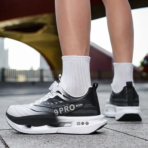 Men Women Professional Running Shoes Breathable Mesh Upper Athletic Sneakers With Rotary Buckle Hollow Shock Absorption Sole