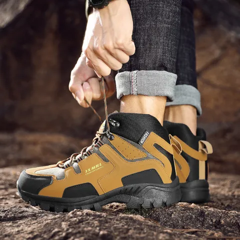 JXMHL Men's Outdoor Hiking Shoes Breathable Synthetic Leather Mesh Trekking Boots Anti-Slip Rubber Sole Athletic Footwear