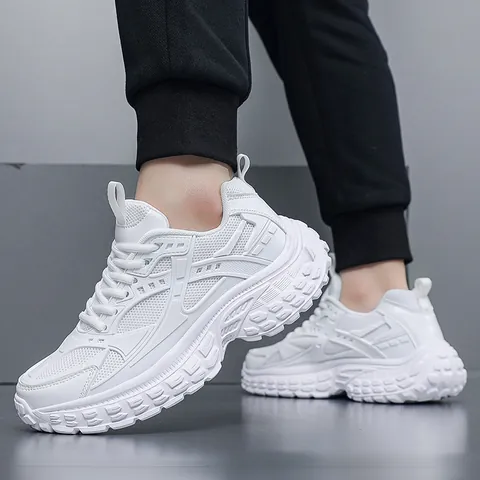 Men's Casual Chunky Sneakers Breathable Mesh Synthetic Leather Patchwork Thick Sole Dad Shoes Non-Slip Lightweight Sports Running Shoes