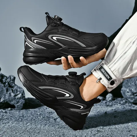 Rotary Buckle Sneakers Men Women Lightweight Breathable Running Shoes Shock Absorption Synthetic Leather Casual Sporty Shoes