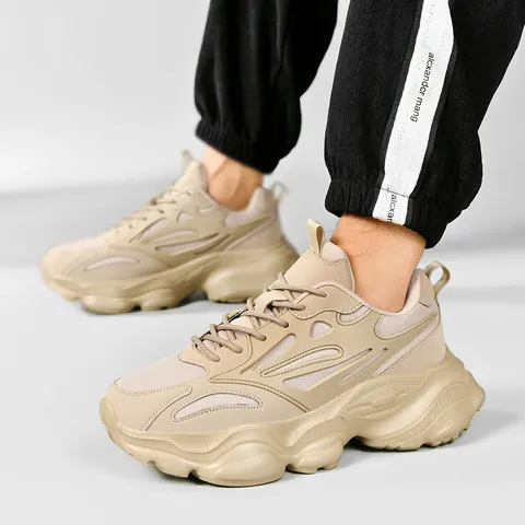 Men's Casual Chunky Sneakers Mesh Synthetic Leather Thick Sole Breathable Height Increasing Lightweight Shock Absorption Retro Sports Shoes
