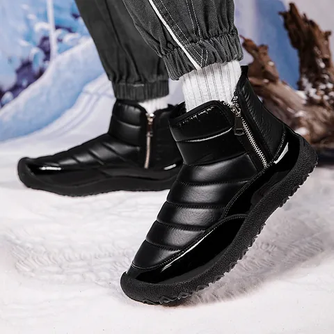 Men Waterproof Snow Boots Warm Fleece Lined Winter Outdoor Ankle Boots Side Zipper Non-slip Puffer Cloth Padded Shoes