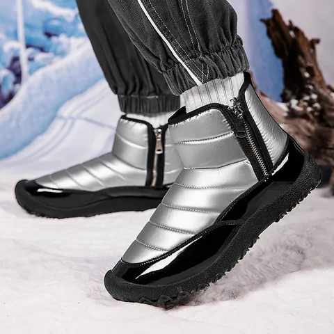 Men Waterproof Snow Boots Warm Fleece Lined Winter Outdoor Ankle Boots Side Zipper Non-slip Puffer Cloth Padded Shoes