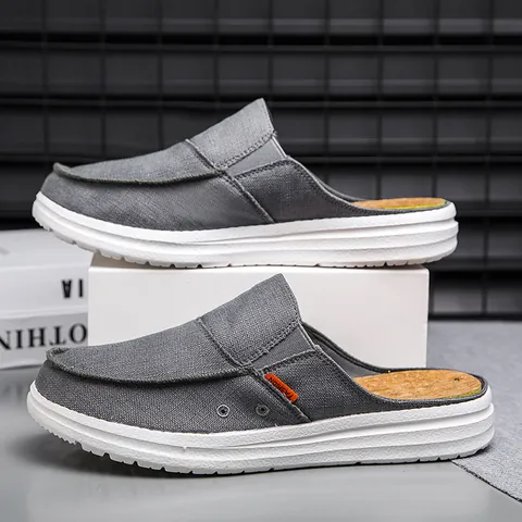 Men's Casual Canvas Mules Loafers Lightweight Breathable Slip-On Clogs Fashion Flat Walking Shoes Grey Green Men Footwear