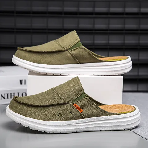 Men's Casual Canvas Mules Loafers Lightweight Breathable Slip-On Clogs Fashion Flat Walking Shoes Grey Green Men Footwear