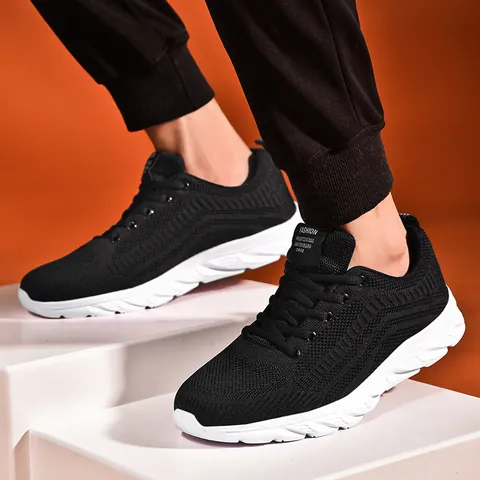 Men Lightweight Flyknit Breathable Sneakers Non-slip Soft Sole Casual Running Shoes Mesh Sport Walking Shoes Fashion Low Top