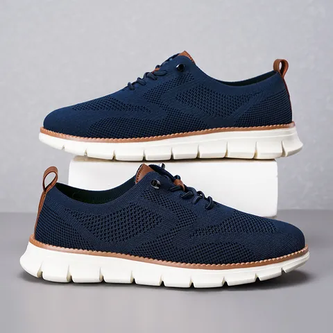 Men's Breathable Flyknit Loafers Lightweight Lace Up Casual Shoes With Thick Sole Non Slip Fashion Sneakers For Walking Travel