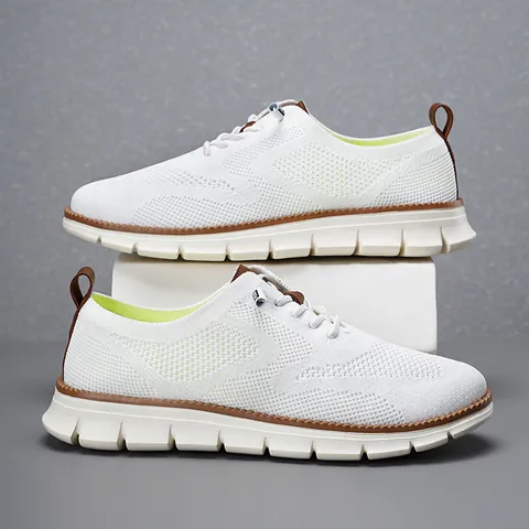 Men's Breathable Flyknit Loafers Lightweight Lace Up Casual Shoes With Thick Sole Non Slip Fashion Sneakers For Walking Travel