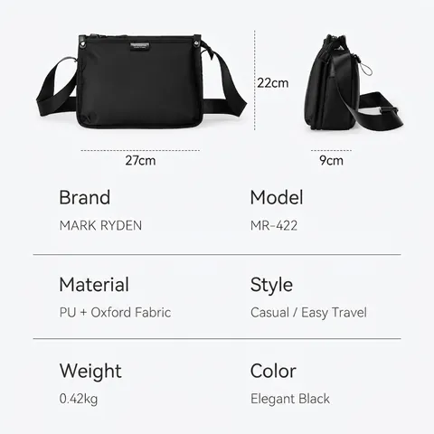Bolso Bandolera para Hombre Tela Oxford Impermeable Bolso Mensajero para Tablet Urbano Minimalista Negro Bolso de Hombro