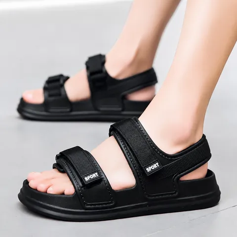 Men Sports Sandals Casual Outdoor Beach Shoes Lightweight Thick Sole Non Slip Hook And Loop Closure Beige Black Sandals