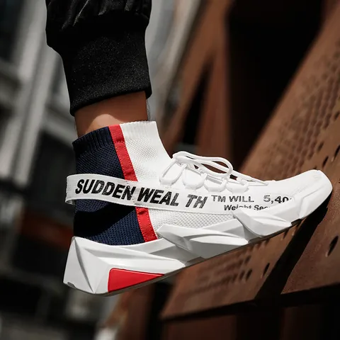 Men High Top Sock Sneakers Flying Knit Breathable Sports Shoes Geometric Thick Sole Streetwear Fashion Casual Walking Shoes