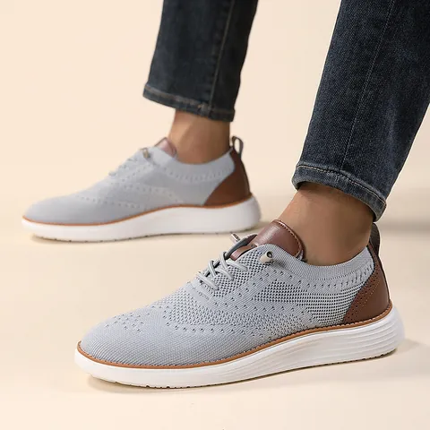 Men's Breathable Mesh Loafers Lightweight Casual Flyknit Sneakers With Brogue Detail EVA Sole Walking Shoes For Men