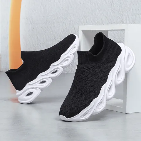 Men Women Casual Slip On Sock Sneakers Breathable Lightweight Thick Sole Hollow Wave Pattern Height Increasing Sport Shoes