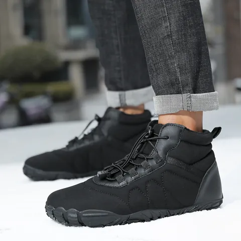 Waterproof Winter Snow Boots For Men Women Warm Plush Lined Outdoor Barefoot Shoes Non-Slip Rubber Sole Drawstring High-Top Boots