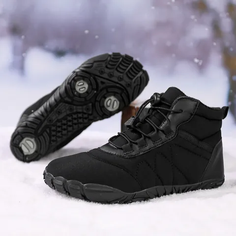 Waterproof Winter Snow Boots For Men Women Warm Plush Lined Outdoor Barefoot Shoes Non-Slip Rubber Sole Drawstring High-Top Boots