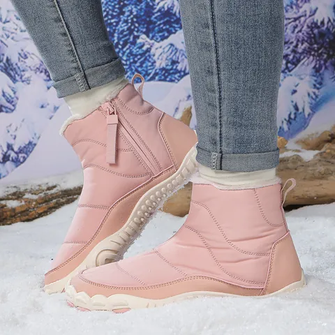 Women Men Winter Snow Boots Waterproof Quilted Mid-Top Warm Faux Fur Lined Non-Slip Rubber Sole Side Zipper Outdoor Cold Proof Boots