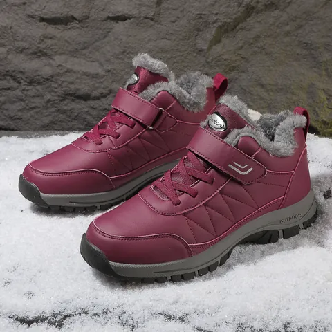 Winter Warm Snow Boots Waterproof Artificial PU Faux Fur Lined Non-Slip Outdoor Walking Shoes Velcro For Elderly Women Men
