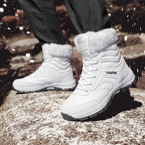 Unisex Winter Snow Boots Mid-High Top Faux Fur Lined Warm Water-Resistant Outdoor Hiking Boots Anti-Slip Thick Sole Lace-Up Casual Cotton Shoes