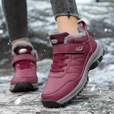Winter Warm Snow Boots Waterproof Artificial PU Faux Fur Lined Non-Slip Outdoor Walking Shoes Velcro For Elderly Women Men