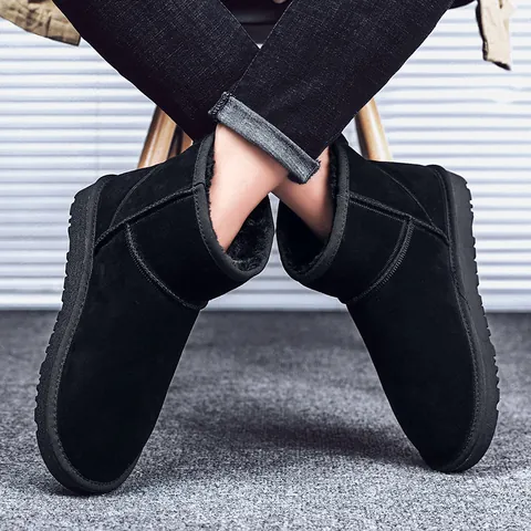Unisex Split Cowhide Leather Snow Boots Warm Faux Fur Lining Non-Slip Winter Outdoor Short Boots For Men Women Casual Shoes