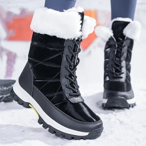 Women Waterproof Snow Boots Winter Warm Lace Up Faux Fur Trim Quilted High Top Shoes Anti Slip Thick Sole Outdoor Boots