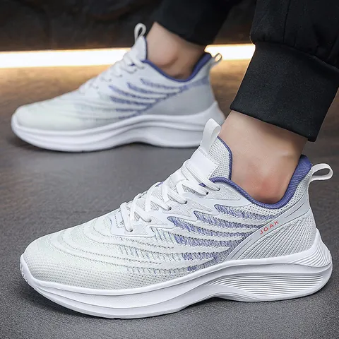 Men's Large Size Flyknit Running Shoes Breathable Lightweight Sports Sneakers For Casual Jogging Walking JGAK White Blue