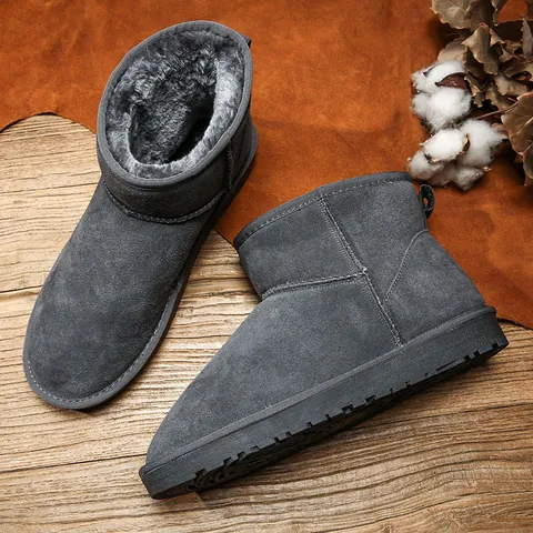 Unisex Split Cowhide Leather Snow Boots Warm Faux Fur Lining Non-Slip Winter Outdoor Short Boots For Men Women Casual Shoes