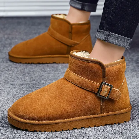 Classic Cow Leather Snow Boots For Men And Women Faux Fur Lined Winter Warm Non-Slip Buckle Casual Outdoor Boots