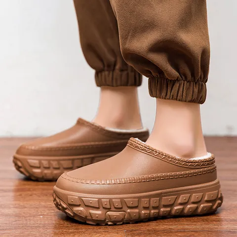 Unisex Winter Waterproof EVA Plush Slippers Warm Faux Fur Lined Chunky Sole Clogs Women Men Indoor Outdoor Footwear