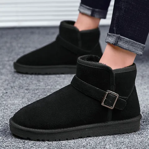 Classic Cow Leather Snow Boots For Men And Women Faux Fur Lined Winter Warm Non-Slip Buckle Casual Outdoor Boots