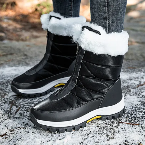 Women Winter Warm Snow Boots Waterproof Quilted Mid Calf Boots Faux Fur Trim Zipper Lace Up Anti Slip Outdoor Shoes