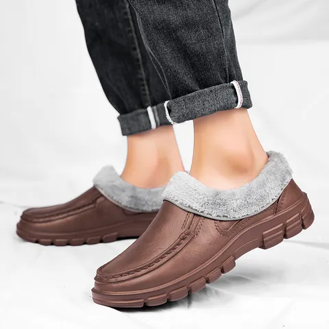 Men Winter Warm Fleece Lined EVA Chef Shoes Waterproof Anti-Skid Slip-On Work Shoes Casual Cotton Loafers Large Size
