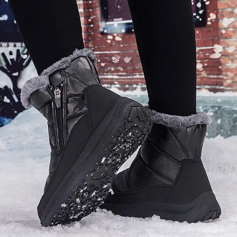 Women Waterproof Snow Boots Faux Fur Lined Winter Cotton Shoes Non Slip Thick Sole Side Zipper Quilted Outdoor Boots