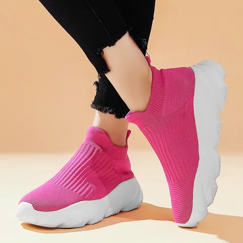 Women's Flyknit Sock Sneakers Lightweight Breathable Slip On Running Shoes Casual Thick Sole Walking Shoes Fashion Sport Footwear