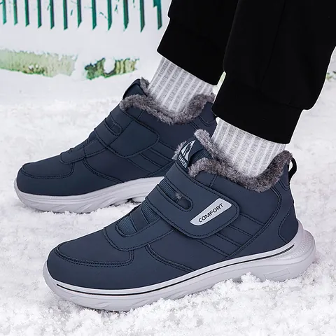 Men Winter Snow Boots Waterproof High Top Walking Shoes With Faux Fur Lining Warm Non-Slip Velcro Cotton Shoes For Elderly