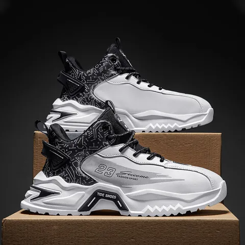 Men Trendy High Top Sports Shoes Thick Sole Shock Absorption Casual Sneakers Synthetic PU Leather Street Style Walking Shoes