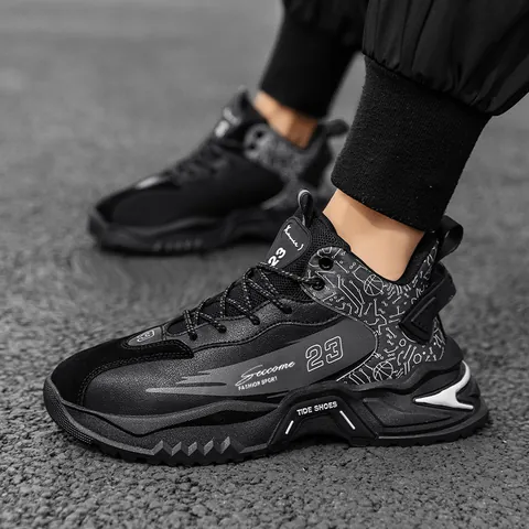 Men Trendy High Top Sports Shoes Thick Sole Shock Absorption Casual Sneakers Synthetic PU Leather Street Style Walking Shoes