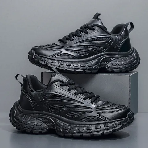 Men's Chunky Sneakers Fashion All Black Thick Sole Breathable Mesh Lightweight Sports Shoes Streetwear Dad Shoes Large Size