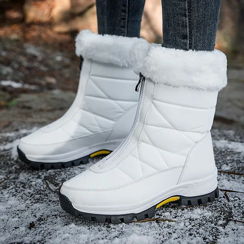 Women Winter Snow Boots Waterproof Warm Faux Fur Lining Mid-Calf Outdoor Boots Front Zipper Anti-Slip Quilted Fashion Thermal Shoes