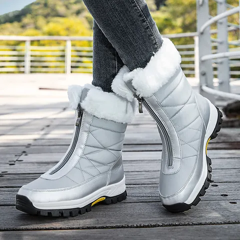 Women Winter Snow Boots Waterproof Warm Faux Fur Lining Mid-Calf Outdoor Boots Front Zipper Anti-Slip Quilted Fashion Thermal Shoes