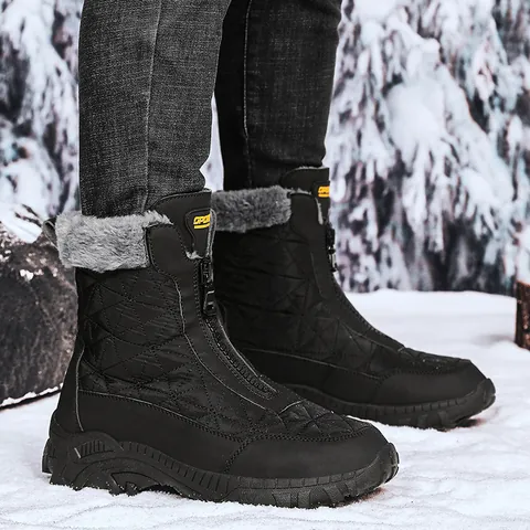 Botas de Nieve para Hombre Impermeables Cuero Espacial Tela Oxford Forro de Piel Sintética Cremallera Frontal Zapatos Cálidos de Invierno