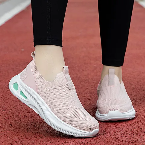 Breathable Mesh Fly Knit Slip On Walking Shoes Lightweight Shock Absorbing Casual Sneakers For Men Women Seniors Daily Wear