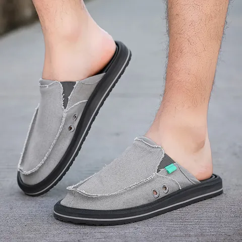 Men's Casual Canvas Loafers Mules Frayed Edge Breathable Slip On Slippers Handmade Lightweight Outdoor Comfort Shoes For Men