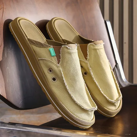 Men's Casual Canvas Loafers Mules Frayed Edge Breathable Slip On Slippers Handmade Lightweight Outdoor Comfort Shoes For Men