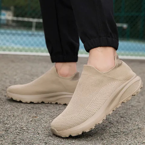 Men's Casual Mesh Breathable Slip On Walking Shoes Lightweight Non Slip Integrated Knit Sport Sneakers Large Size